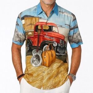 Tori Richard Mens Crossroads Red Truck Guitar Rare Button Down Shirt‎ Blue M